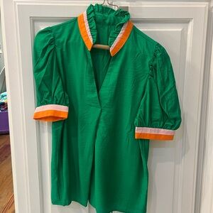 Trim Collar Green SS Blouse with Orange and Peach Trim